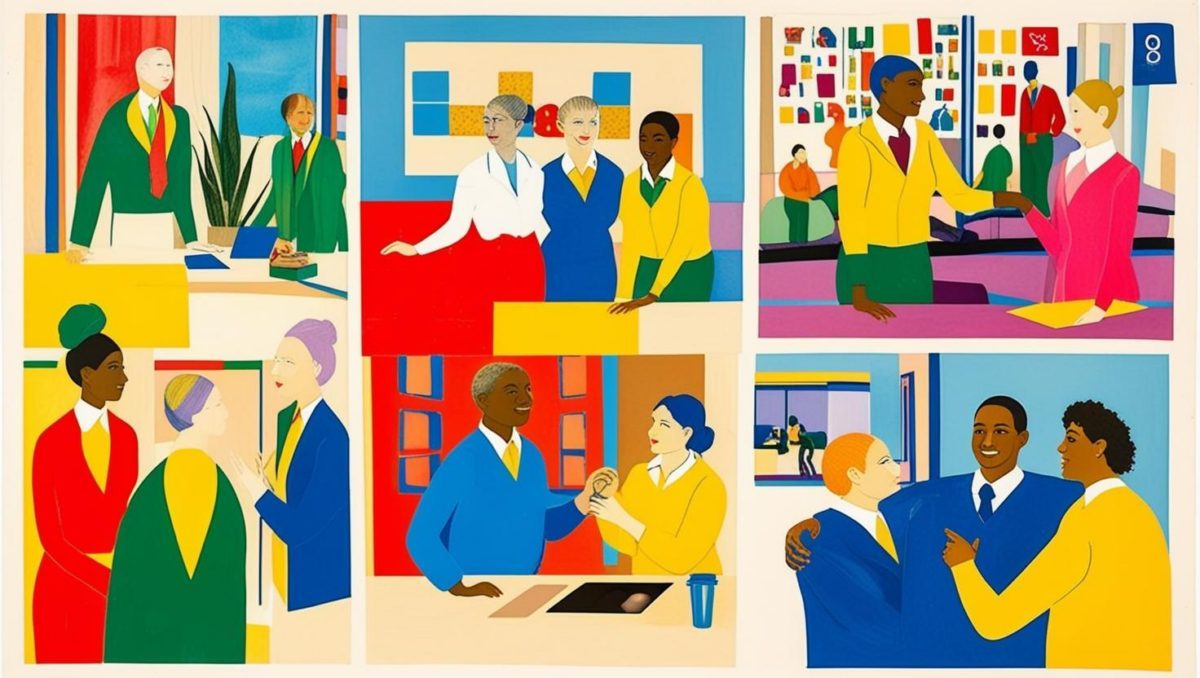 colorful images of people interacting in an office setting