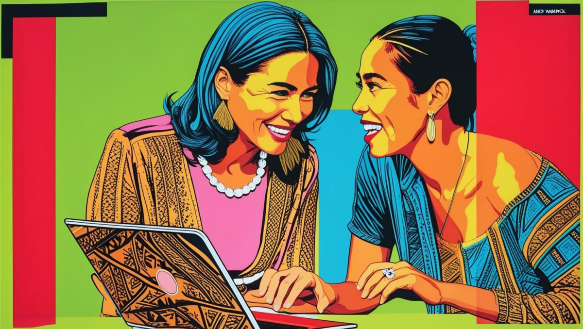 two women conversing and smiling over a laptop