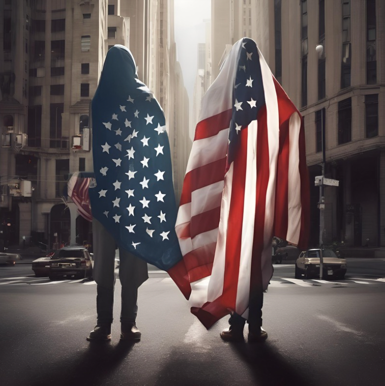 People walking with American Flag