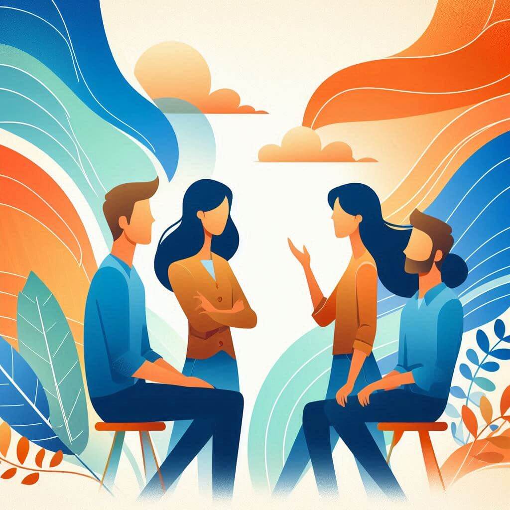 an illustration of four people talking