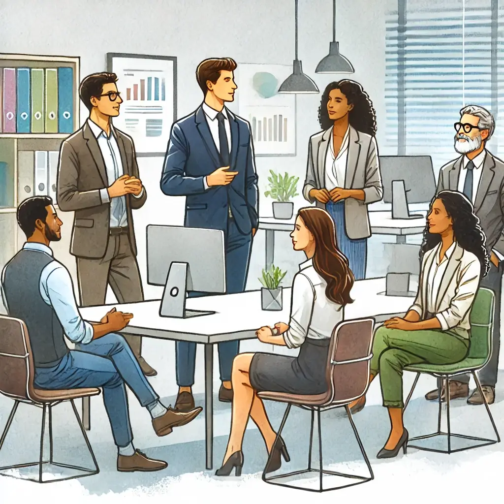 seven people in a office working