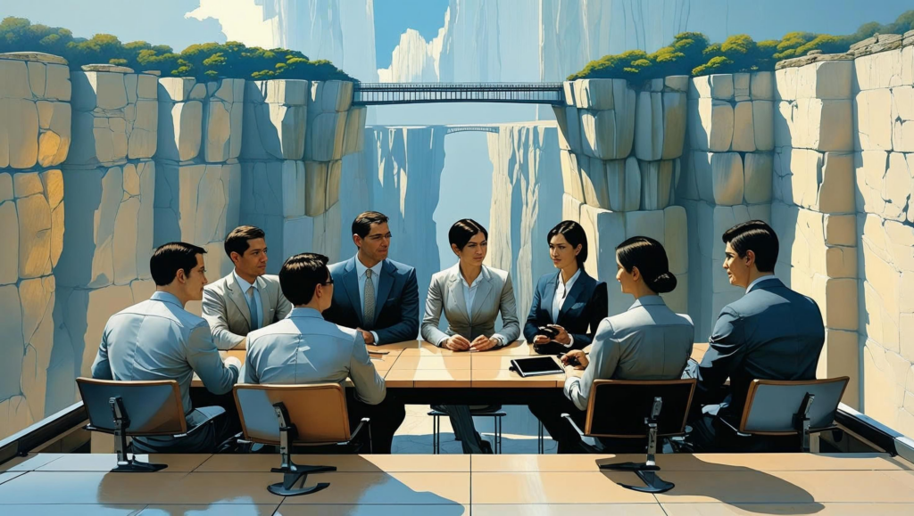 Group of adults sitting around a table dressed in business attire with a background of bridges across a chasm