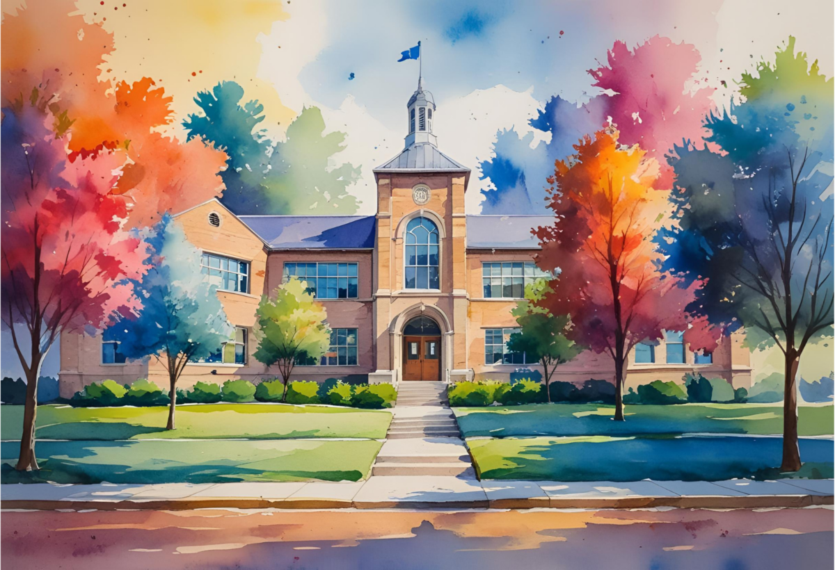 image of a higher education campus in a colorful water color style