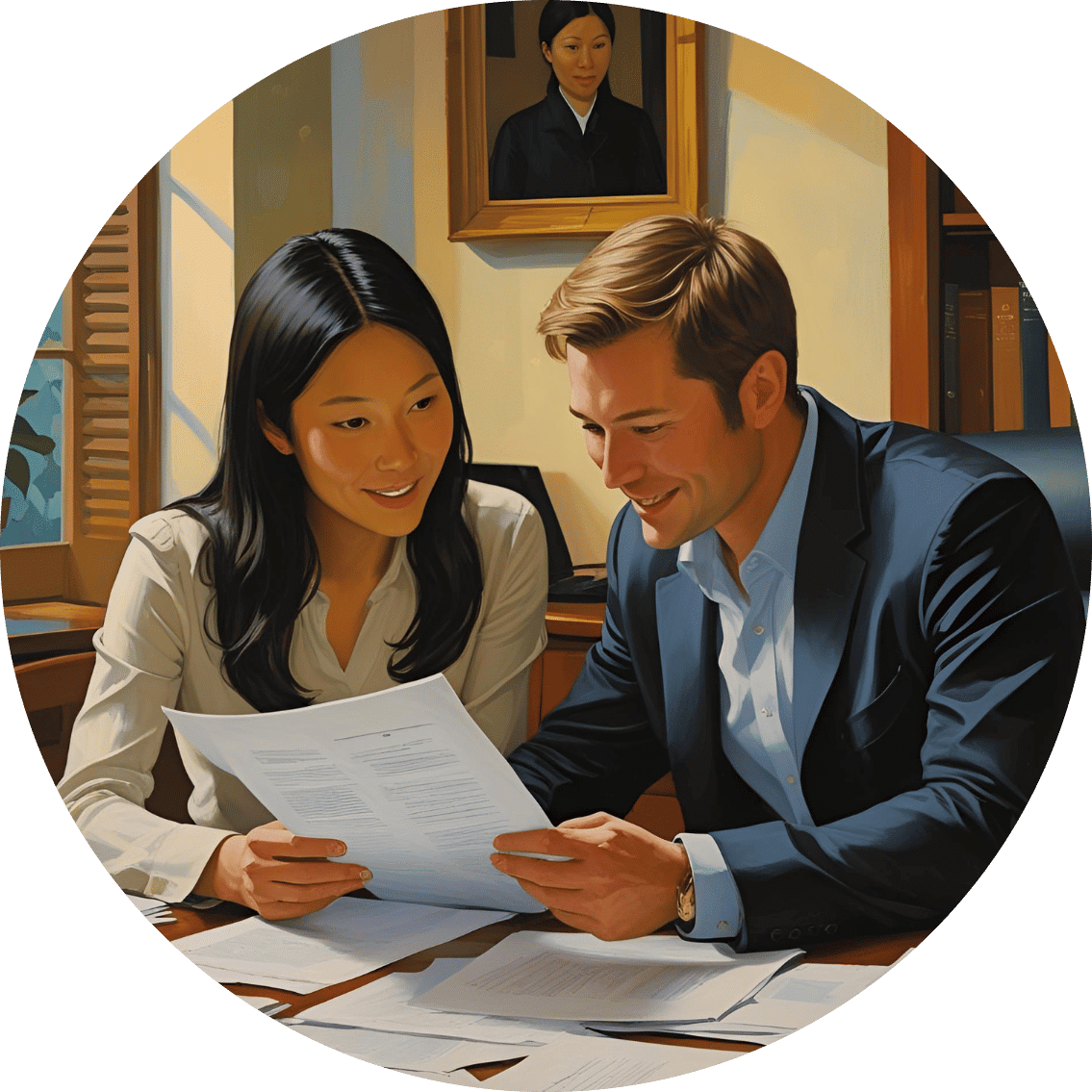 image of happy co-workers reviewing a document