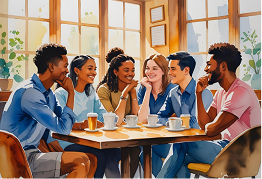 a group of 6 people enjoying coffee and beer