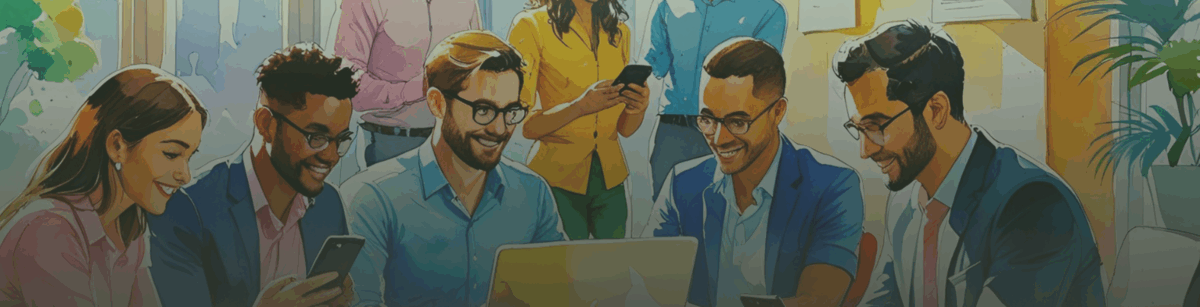 image of employees working at table using various tech devices