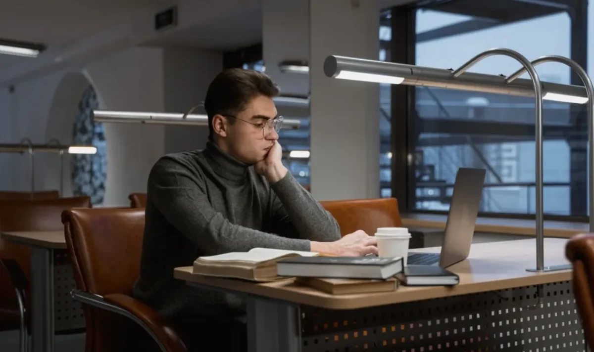 A young man alone in a library